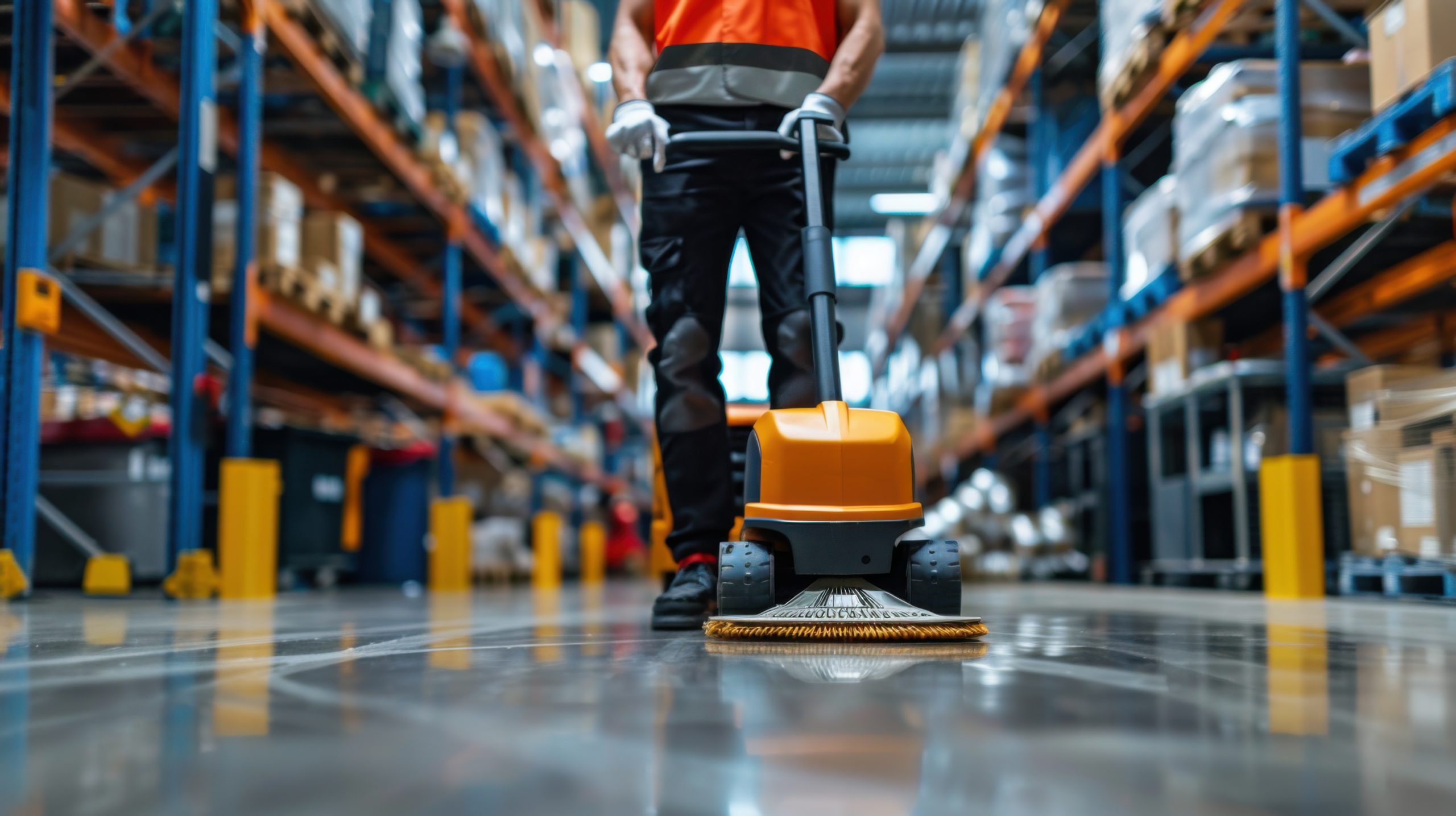 A worker in a high-visibility vest operates a floor cleaning mac